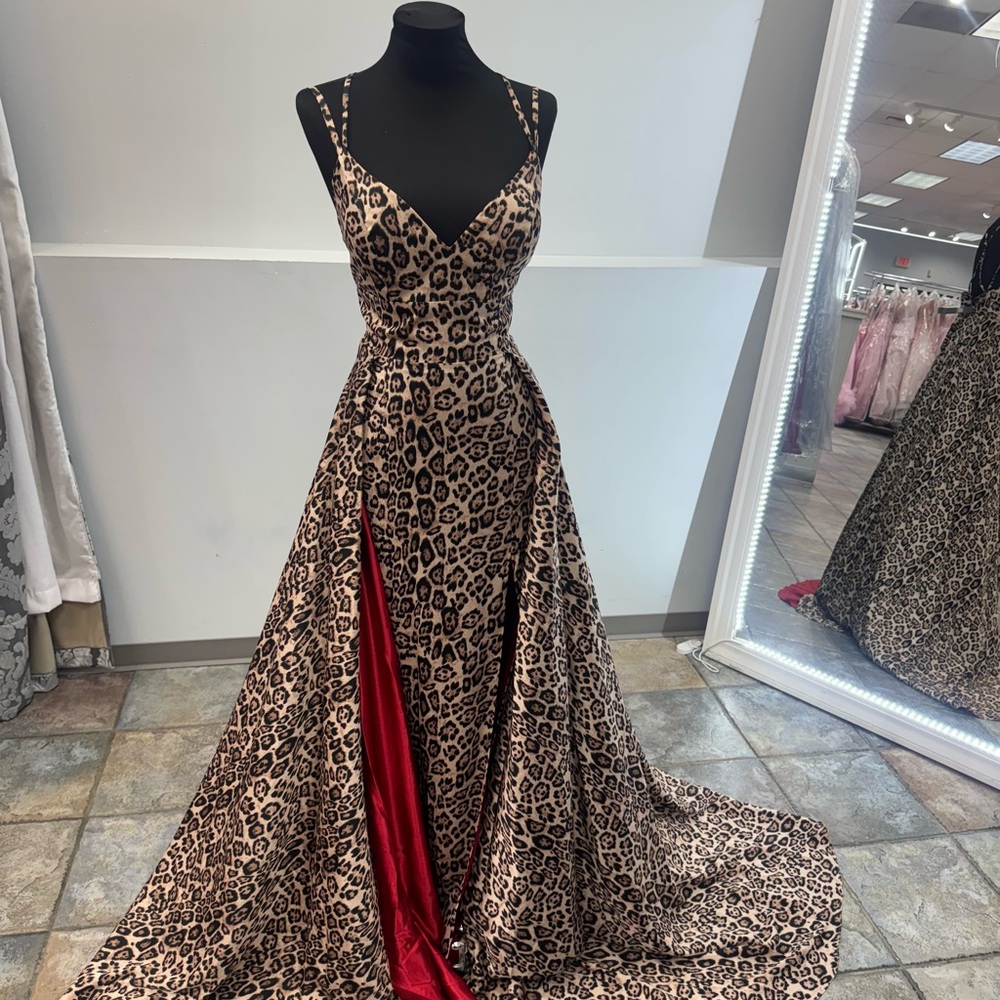 Mori Lee Leopard Print Dress with Black and Brown Tones red lining. - Picture 2 of 7